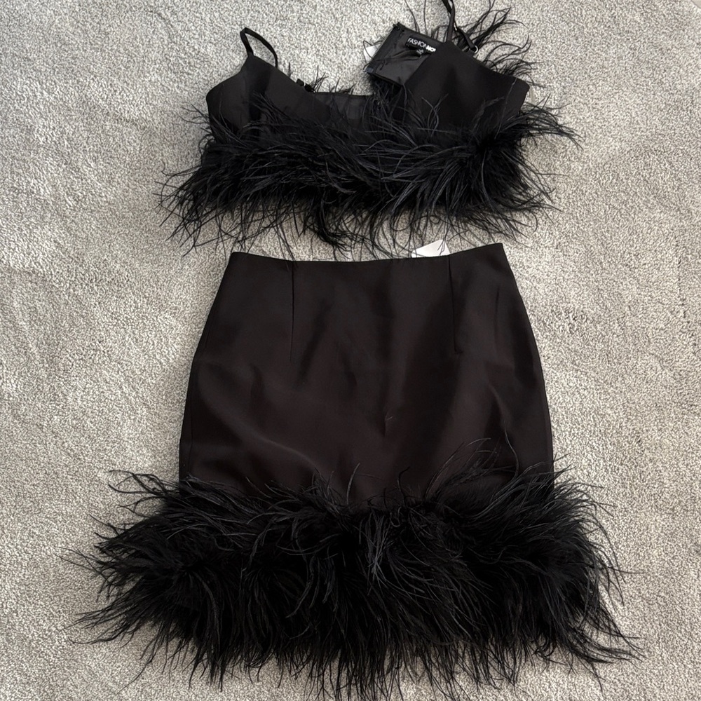 Fashion Nova Black Feather Trim Set